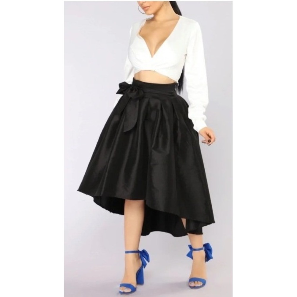 Haute Monde Black High Low Bow Front Pleated Taffeta‎ Skirt Medium Party Chic